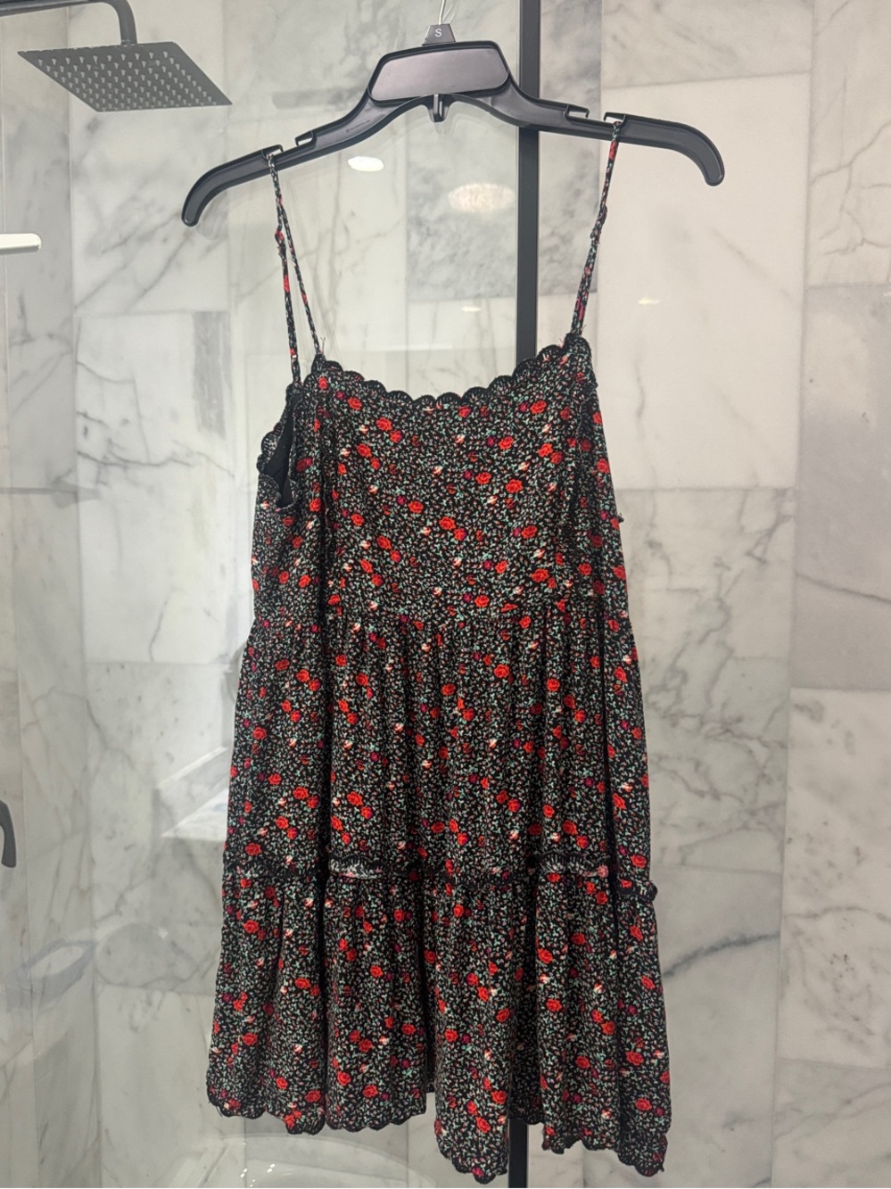 Urban Outfitters Black Floral Spaghetti-Strap Tiered Mini Dress with Red Blooms
